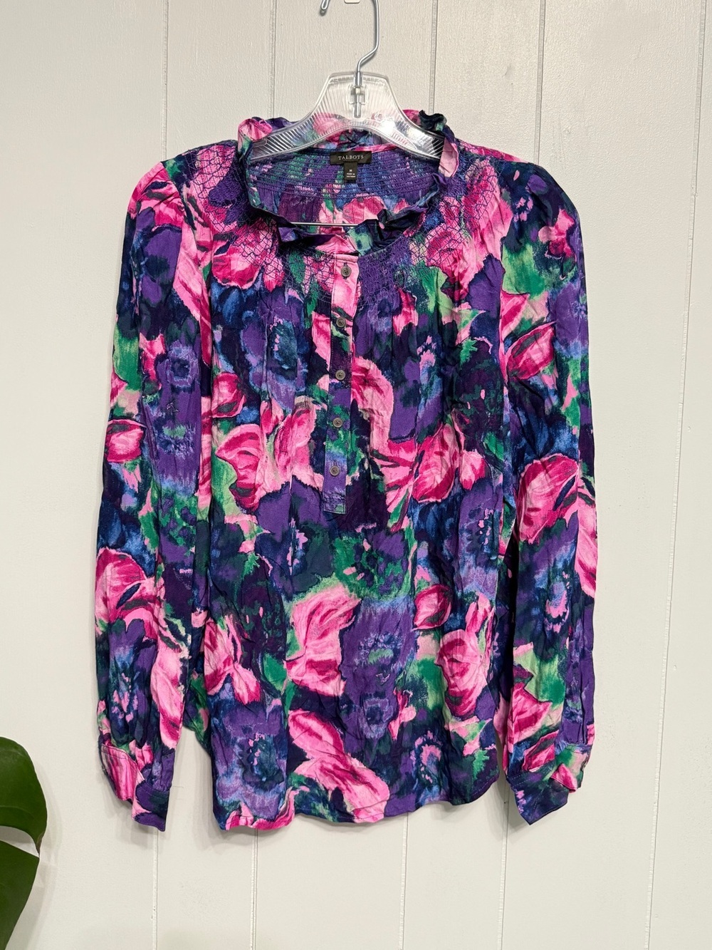 #5)  Talbots Pink & Purple Floral Ruffle-Neck Blouse